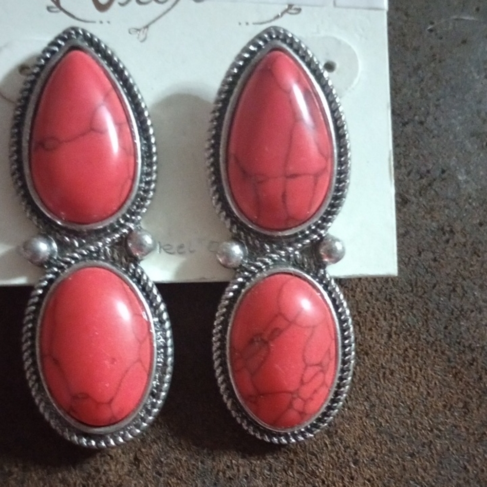 Red and Silver Vintage Teardrop Earrings